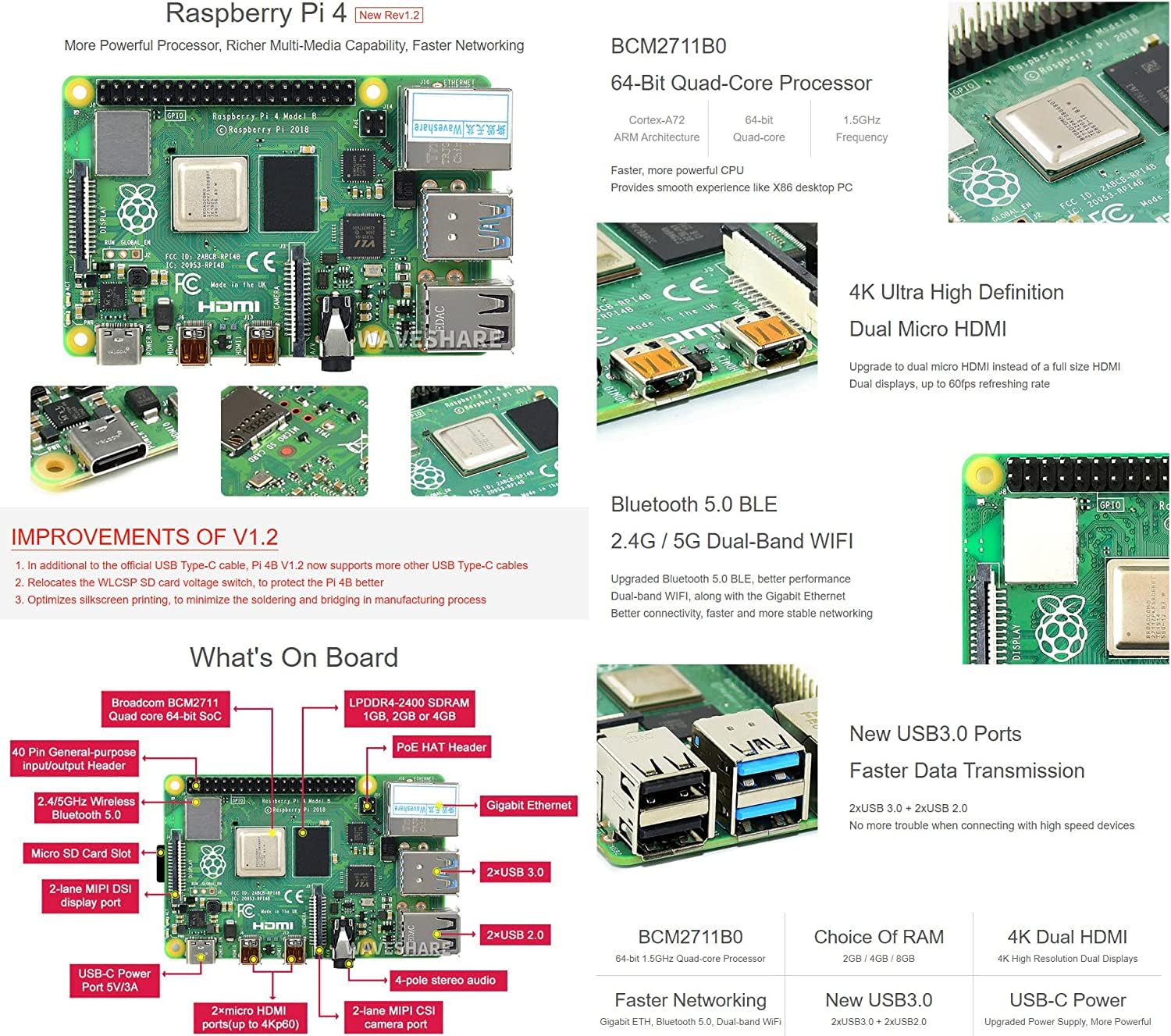 Raspberry Pi 4 Model B 2GB RAM DDR4 64-bit SoC @ 1.5GHz CPU Single Board Computer