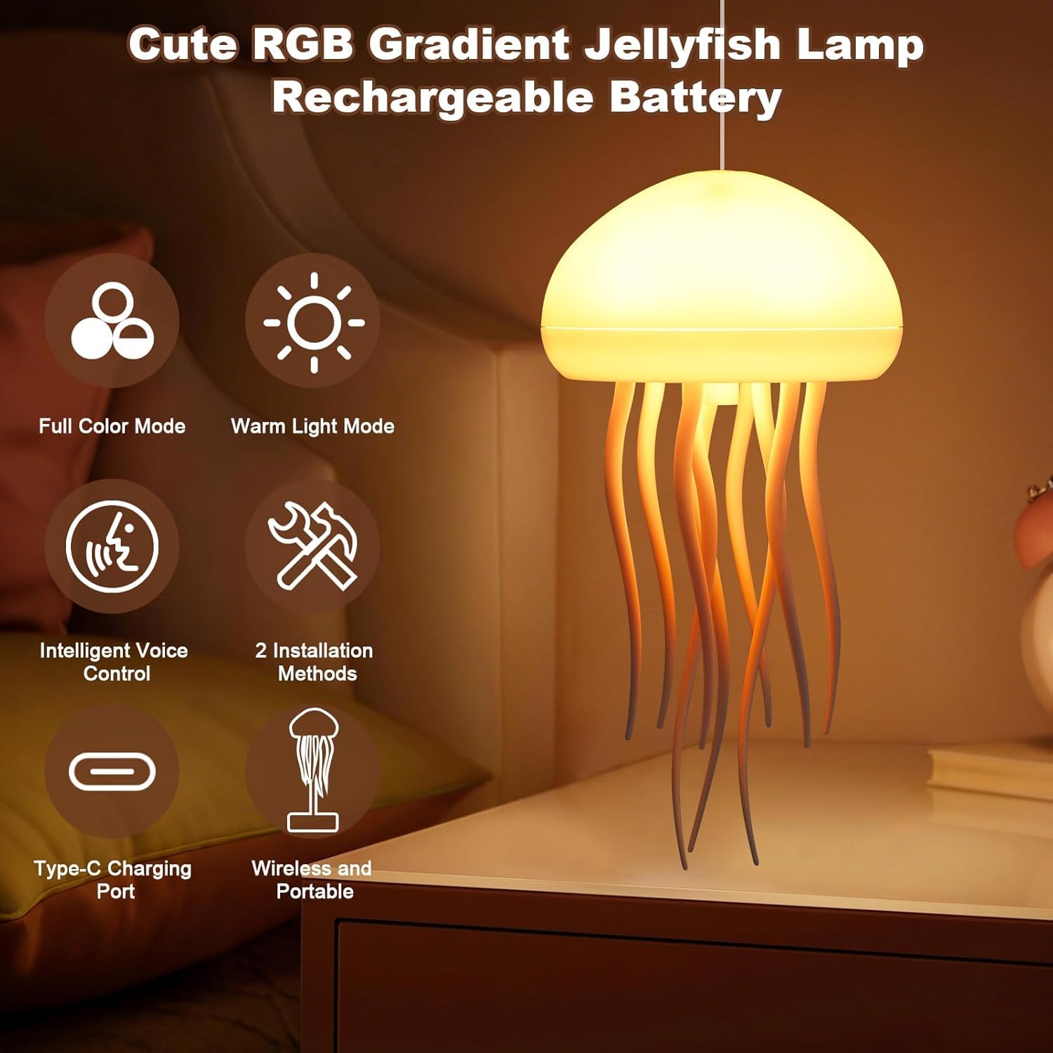 LED Jellyfish Lamp | RGB Gradient Rechargeable Table Lamp with Touch Sensor